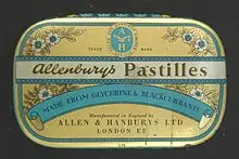 Allen & Hanbury's - taken over by Glaxo in 1958 1 Allenbury tinl
