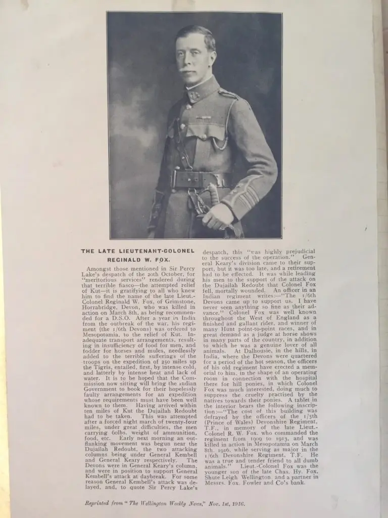 Reginald Wilson Fox (1866 -1916 ) Killed in Action, Relief of Kut, Iraq 4 Reginald W Fox obit